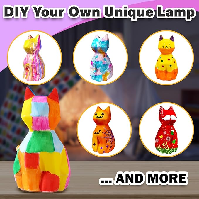 FUNZBO 4.3in Paint Your Own Cat Lamp Kit - Arts and Crafts Supplies Kitten Painting Kits for Kids Teens, DIY Night Light Toy for Toddler Girl Boy Ages 3 4 5 6 7 8 9 10 11 12 13+ Birthday Easter Gift