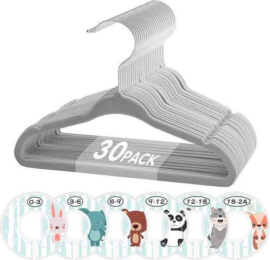 Baby Hangers, VIS'V 11 Inch Gray Velvet Kids Hangers with 6 Pcs Size Dividers Non Slip Nursery Children Closet Clothes Hangers for Infant Toddler Girls and Boys 30 Pcs