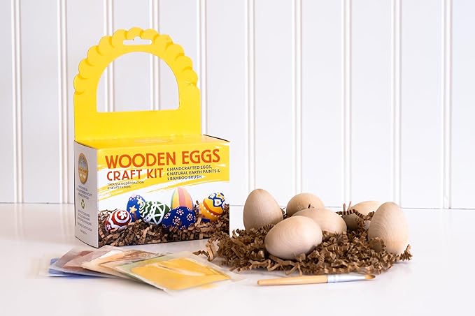 Natural Earth Paint Wooden Egg Kit – 6 Non-Toxic, Eco-Friendly Paints & Bamboo Brush – Easter Egg Decorating & Craft Set – Compostable Packaging, Safe for Kids & Adults