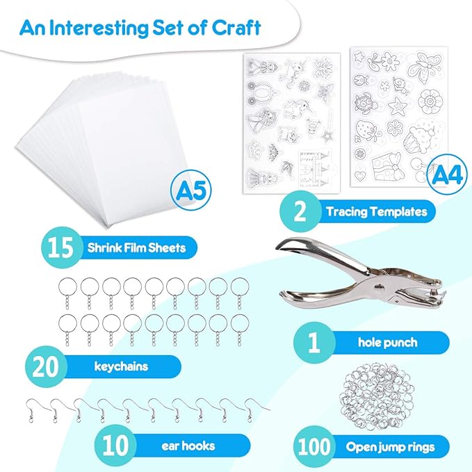 Mocoosy Shrink Plastic Kit for Shrinky Dinks, 148PCS Heat Shrinky Art Sheets for Kids, Clear Frosted Shrink Paper Include Shrinkable Films & DIY Keychain Earring Making Accessories Craft Activity Set