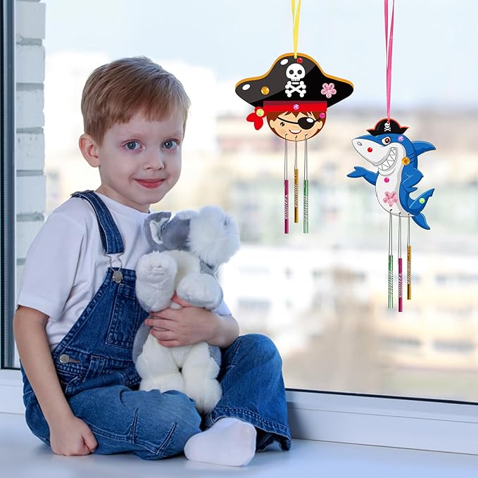 Fennoral 9 Pack Wind Chime Kit for Kids Make Your Own Pirates Wind Chime Wooden Arts and Crafts for Girls Boys Ornaments DIY Coloring Pirates Craft for Christmas Art Activity Birthday Party
