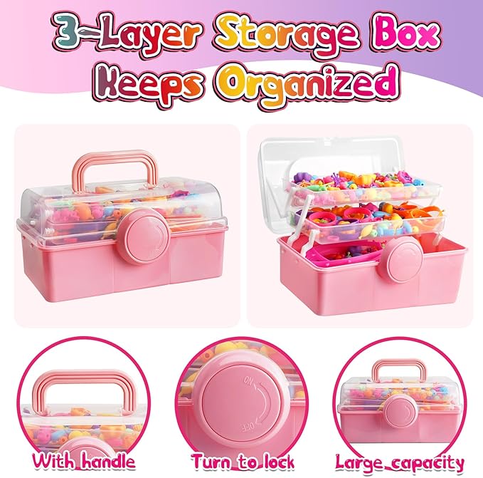 FUNZBO 850pcs Pop Beads - Jewelry Making Kit for 3 4 5 6 7 8 Year Old Little Girls, Arts and Crafts Toys for Kids, Necklace Bracelet Ring Hairband Creativity Snap Set Easter Holidays Birthday Gifts