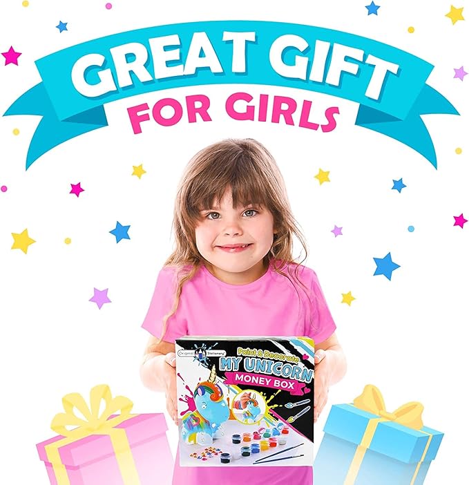 Original Stationery Paint and Decorate Your Own Unicorn Money Box, Kids Paint Set for Girls with 21 Gems, 12 Non Toxic Fun Colors and Lots More!