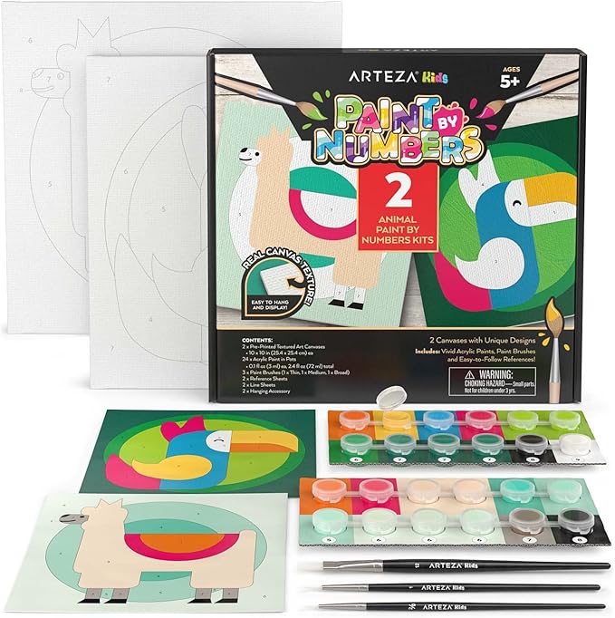 Arteza Kids Paint by Numbers Kit, 10 x 10 Inches, Pre-Printed Animal Canvas Painting Kit with 2 Canvases, 24 Acrylic Paint Pots, 3 Paintbrushes, Art Supplies for Developing Hand-Eye Coordination