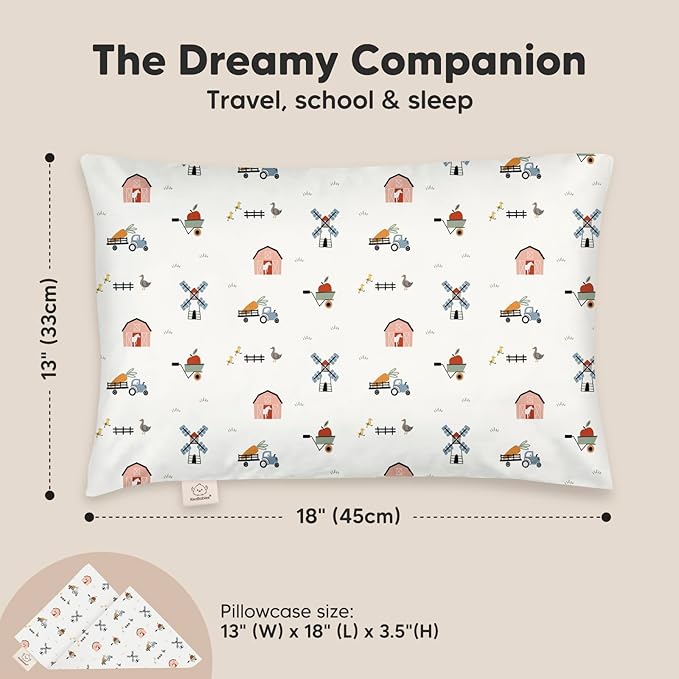 Toddler Pillow with Pillowcase - 13x18 My Little Dreamy Pillow, Organic Cotton Toddler Pillows for Sleeping, Kids Pillow, Travel Pillows, Mini Pillow, Nursery Pillow, Toddler Bed Pillow (Barn)