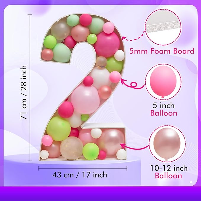 Mosaic Balloon Frame Marquee Light Up Number 2 Pre-Cut Large Foam Board Sign Cut-Out for Boy Girl Birthday Backdrop Anniversary Decoration