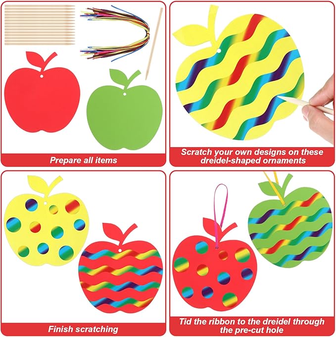 Liliful 60 Set Fall Crafts for Kids Thanksgiving Scratch Crafts Apple Arts and Crafts with Ribbon Wooden Stylus Hanging Craft Kit for Fall Autumn Home Activities School Game Classroom Decoration