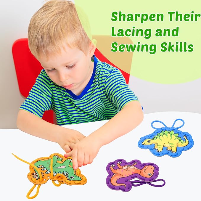 Aizweb Dinosaur Lacing Cards,Sewing Kit for Toddlers, Fine Motor Skill Toys,Threading Toys for Preschoolers,Shoe Tying Practice Art and Craft for Kids Educational Kindergarten Learning Activities