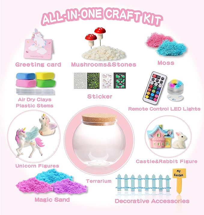 Unicorn Light Up Terrarium Kit for Kids - Birthday Gifts for Girls Ages 4 5 6 7 8-12 Year Old - Arts and Crafts for Girls - LED Night Light Bedroom Decor -Christmas Gifts for Girls