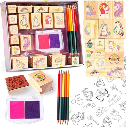 Unicorn Wooden Stamp and Sticker Set for Girls, Stampers, Inkpad, Coloring Pencil, Sticker Included, Arts & Crafts Set for Girls Boys Kids Ages 4 5 6 7 8 9 10 Years Old