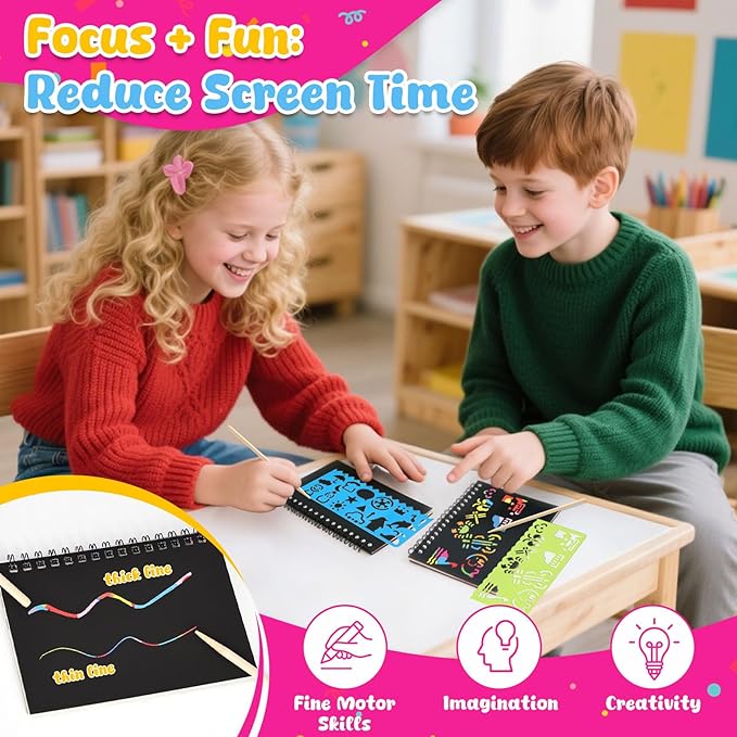 LovesTown 32 Pack Rainbow Scratch Art Notebook Party Favors Bulk for Kids, Rainbow Notebooks with Stencils & Gift Bags, Classroom Prizes Bulk for Girls Boys, Christmas Stocking Stuffers