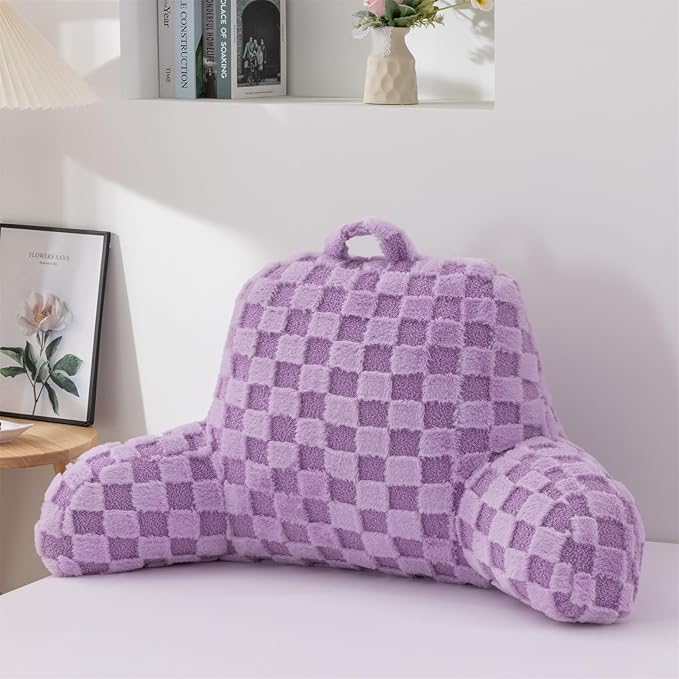 Aimuan Reading Pillow Checkered Bed Rest Wedge Backrest Checkerboard Pillow with Arms Back Support for Sitting Up in Bed Cushion Incline Rest Sleeping Snoring Pillow, Purple Large