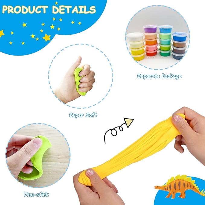 Dinosaurs Air Dry Clay Kit with 4 Dino Skeletons, 18 Colors Modeling Magic Clay with Sculpting Tools, Soft & Ultra Light, Arts and Crafts Gift for Boys & Girls Age 3-12 Year Old