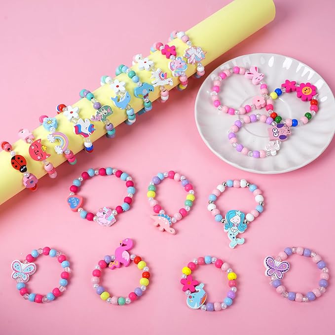 Wooden Bracelets for Girls Party favors Dress up Unicorn Mermaid Rainbow Heart Pendant Cute Friendship Stretchy Costume Jewelry Set Gift Play Party Favors (Animal)