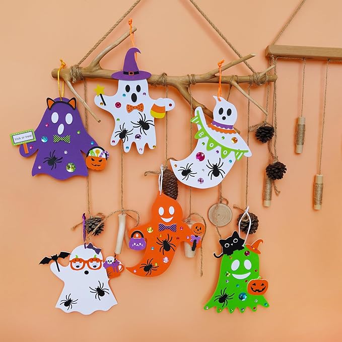 Winlyn 24 Sets Halloween Crafts Fall Crafts DIY Halloween Ghost Tree Ornaments Decorations Craft Kits Foam Ghost Stickers Fall Halloween Arts and Crafts for Kids Party Favors Classroom Art Activities