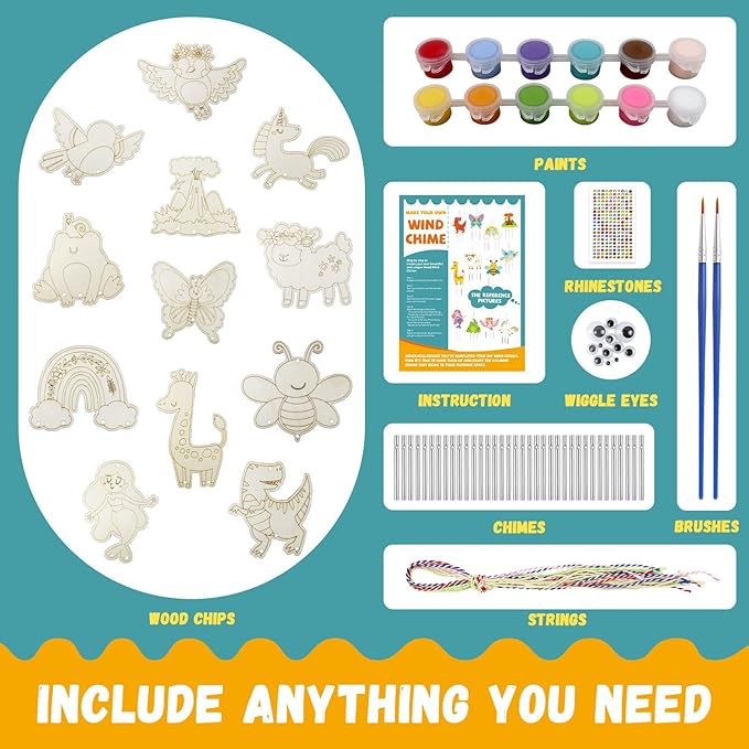 DIY Wind Chime Kit for Kids - Make Your Own Coloring Wooden Crafts for Girls & Boys - Hanging Ornaments for Easter Party Decoration