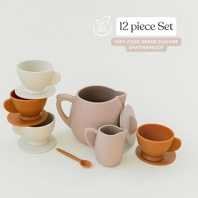 Marlowe & Co Silicone Tea Play Set for Children, 12 Piece Dishwasher Safe Tea Gift Set for Toddlers (Botanical Rose)