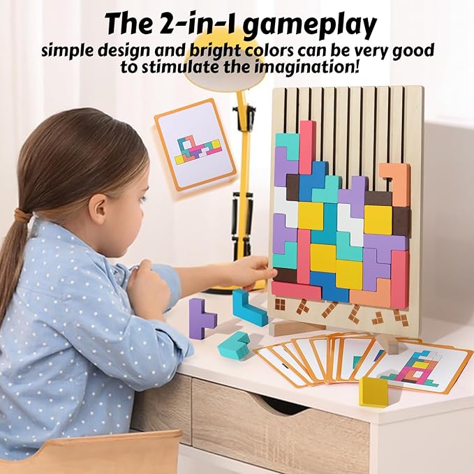 Wooden Blocks Puzzle Brain Teasers Toy Tangram Jigsaw Puzzle Intelligence Colorful 3D Russian Blocks STEM Montessori Educational Gift for Boys and Girls,Board Game Educational Toys for Toddlers