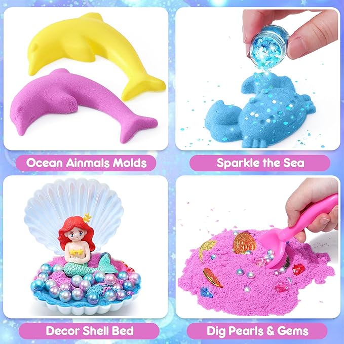 G.C Mermaid Sensory Bin for Girl Kid Toy, 103pcs Play Sand Art Kit with Sandbox/2lb Color Sand/6 Molds/Treasure Box/Shell, Ocean Sensory Toy Christmas Birthday Gift for Girl Toddler Ages 3 4 5 6 7 8