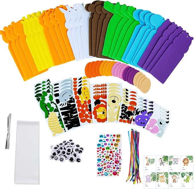 Winlyn 32 Sets Jungle Animal Craft Kits DIY Jungle Safari Zoo Wild Animal Bookmarks Decorations Art Sets Tiger Lion Zebra Foam Stickers for Kids Classroom Activities Reading Rewards Party Favors