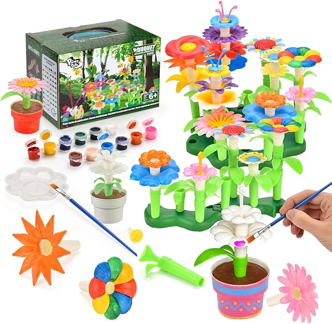 Pairez Toys Flowers Building Blocks Toys, Kids Gardening Set with Paint, Arts & Crafts Kits for Boys & Girls, Flower Pretend Gardening Birthday Gifts for Girls Age 6 7 8 9 10+