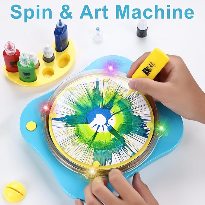 Paint Spin Art Machine Kit for Kids Stress Reducing Toys for Blue Arts and Crafts Set Gifts with Light & Music for Boys & Girls Ages 4 5 6 8 9 10 12 Flexible Splatter Guard,Easy to Wash