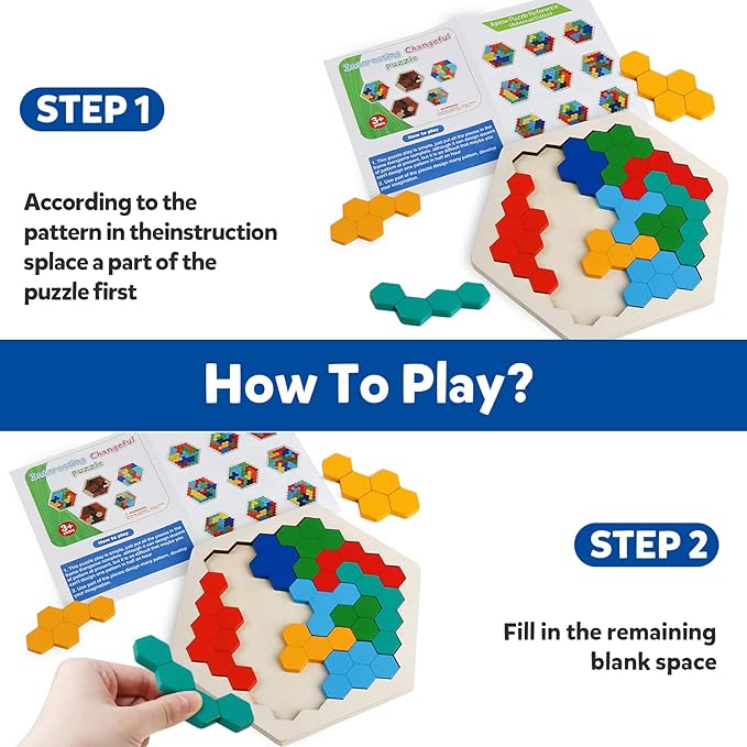 Skrtuan Wooden Blocks Puzzle for Kid Adults Brain Teaser Hexagon Puzzles Games Toy Shape Pattern Block Tangram Geometry Logic IQ STEM Montessori Educational Gift for All Ages Boys Girls Challenge