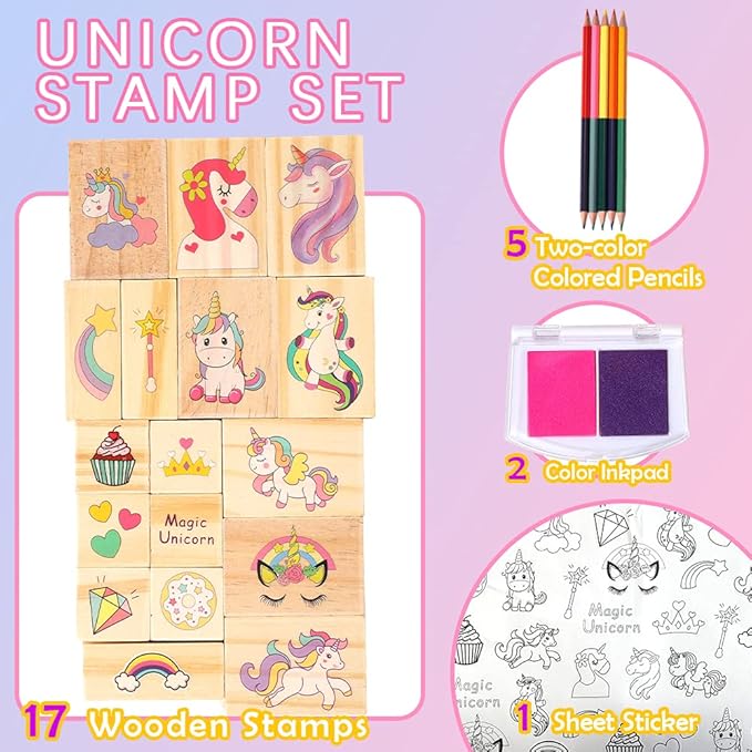 Unicorn Wooden Stamp and Sticker Set for Girls, Stampers, Inkpad, Coloring Pencil, Sticker Included, Arts & Crafts Set for Girls Boys Kids Ages 4 5 6 7 8 9 10 Years Old