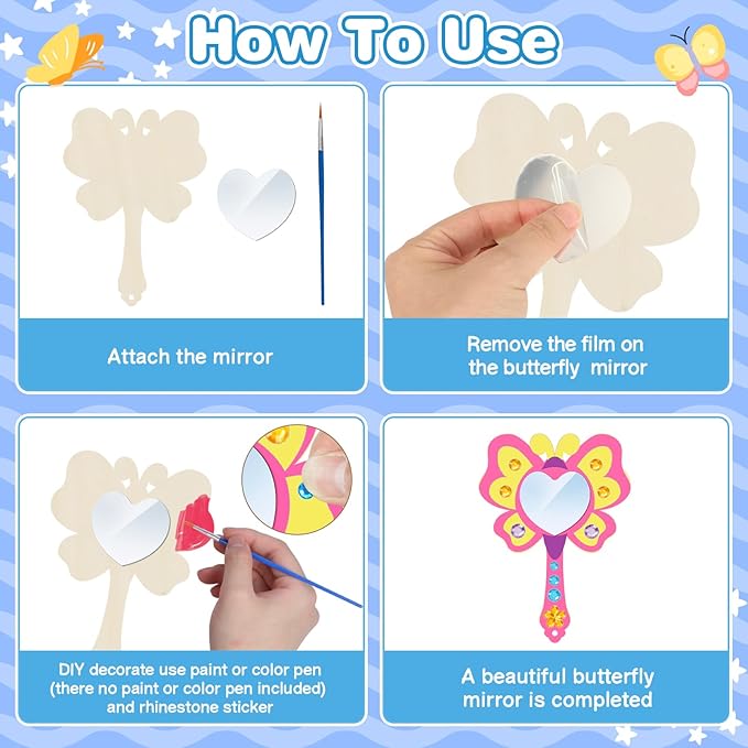 Fennoral 9 Pack Wooden Mirror Craft for Kids Decorate You Own Butterfly Mirrors for Girls DIY Paint Wooden Hand Mirror Butterfly Craft for Art Activities Birthday Gifts