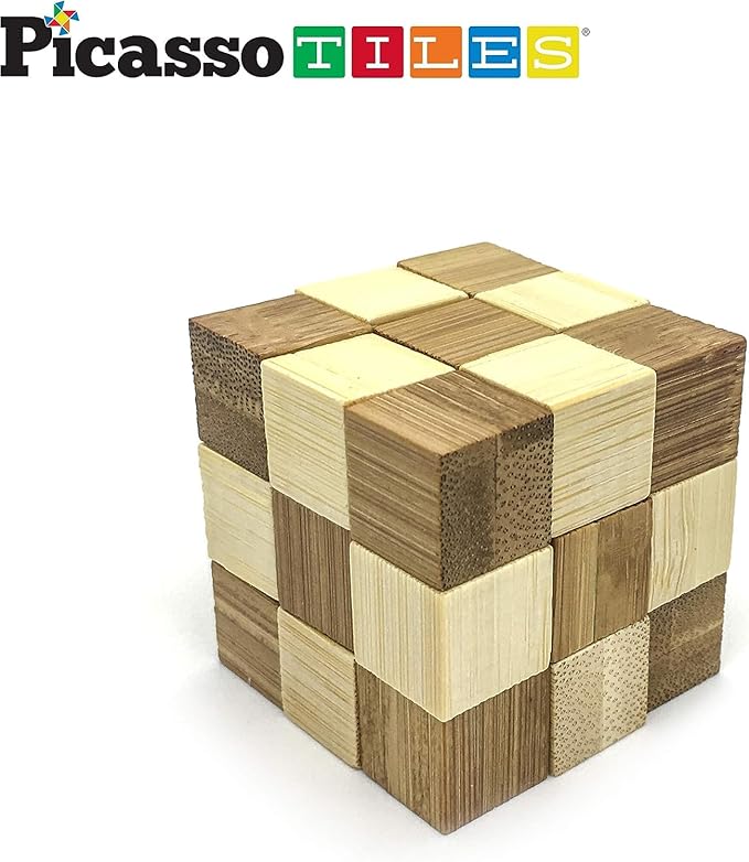 PicassoTiles 8 Styles Interlocking Sensory Toys Wooden Burr Cube, Ball and Barrels Logic Skill Genius Puzzle Brain Teaser Games & Intellectual 3D Assembling Educational Toy Set for Kids & Adults PTP08