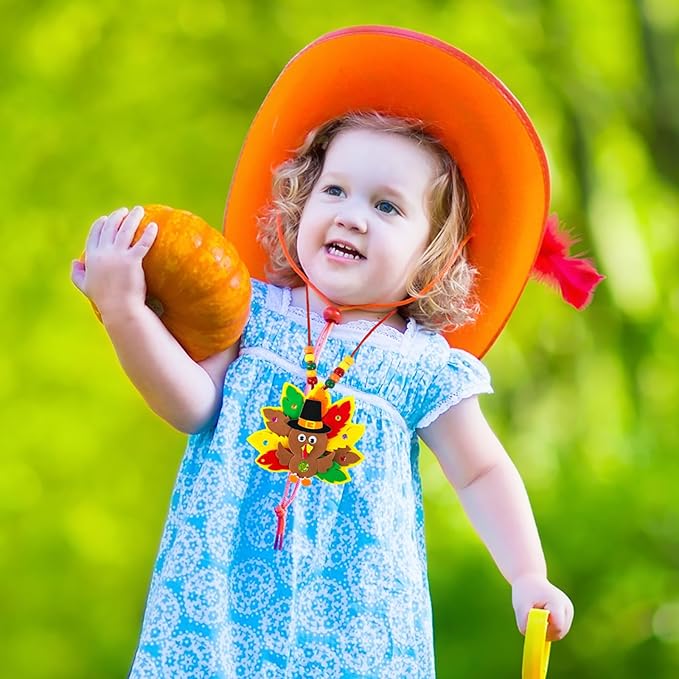 Winlyn 24 Sets Fall Craft Kits DIY Thanksgiving Turkey Necklaces Art Sets Autumn Maple Leaves Turkey Feathers Foam Thanksgiving Stickers for Kids Harvest Home Classroom Activities Party Favors