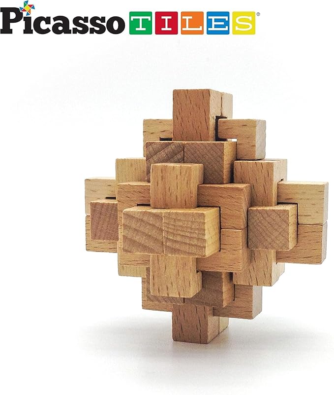 PicassoTiles 8 Styles Interlocking Sensory Toys Wooden Burr Cube, Ball and Barrels Logic Skill Genius Puzzle Brain Teaser Games & Intellectual 3D Assembling Educational Toy Set for Kids & Adults PTP08
