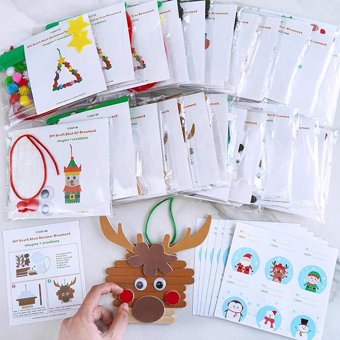 Winlyn 32 Sets Christmas Craft Kits Winter Crafts DIY Popsicle Stick Christmas Ornaments Decorations Art Sets Craft Sticks Christmas Foam Stickers for Kids Holiday Classroom Activities Party Favors