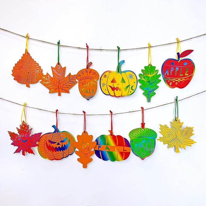Winlyn 48 Sets Colorful Magic Color Scratch Fall Ornaments Autumn Scratch Art Maple Leaf Oak Leaf Pumpkin Apple Acorn Fall Craft Kits for Kids Classroom Activities Halloween Harvest Party Decorations
