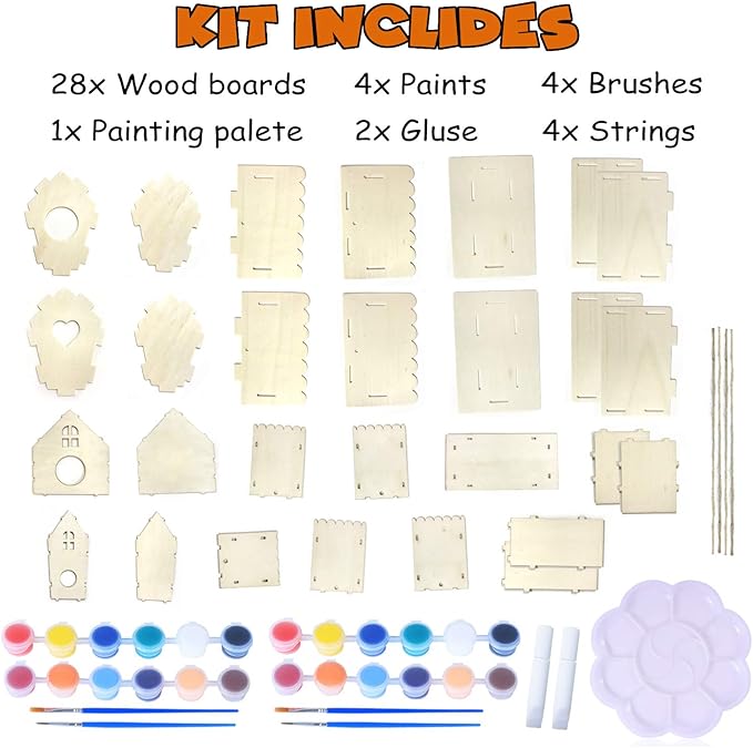 hapray 4 Pack Bird House Crafts for Kids Ages 5-8 8-12, Buildable DIY Birdhouse Kit for Children to Build, 3+ Summer Arts and Craft Projects with Paint, Boy Girl Gift Christmas