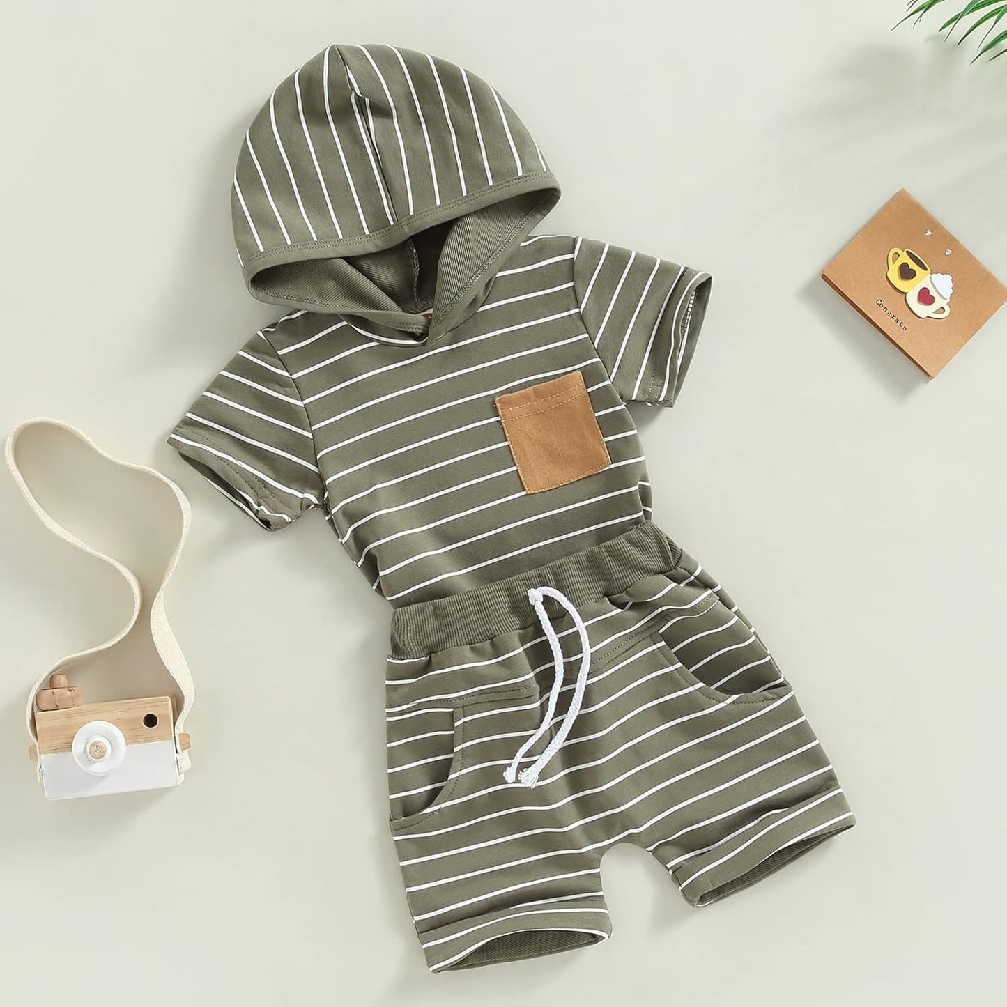 Toddler Baby Boy Summer Hooded Outfit Contrast Color Short Sleeve T Shirt Top Elastic Shorts Summer Clothes Set