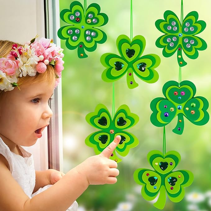 Winlyn 24 Sets St. Patrick's Day Shamrock Ornaments Decorations DIY St. Pat's Craft Kits Assorted Foam Lucky Shamrock Four-Leaf Clover Stickers for Kids Classroom Activities Party Favors Art Project