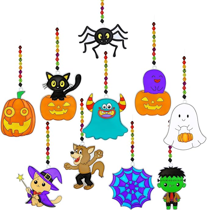 Winlyn 30 Sets Halloween Suncatchers Ornaments Decorations DIY Window Paint Art Suncatchers Halloween Craft Kits Jack-O'-Lantern Ghost Spider Sun Catchers for Kids Classroom Activities Art Project