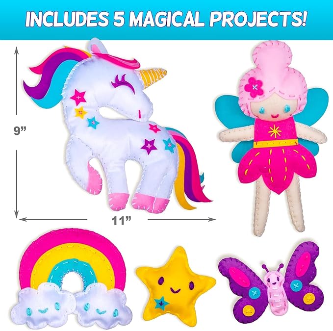 CRAFTSBEE Beginner Sewing Kit for Girls Ages 7+ - 5 DIY Unicorn Felt Stuffed Animals and Plus Pillow Craft, Educational Learn to Sew Unicorn Kit