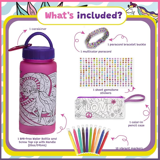 PURPLE LADYBUG Decorate Your Own Water Bottle for Girls Craft Set - Gifts for 6 Year Old Girl, 10 9 8 7 Year Old Girl Gifts, Fun Coloring Crafts for Girls Ages 6-8, School Water Bottles for Kids