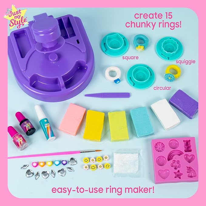 Just My Style Chunky Rings Clay Ring Maker, Make Your Own Clay Jewelry, Great for Birthday Parties, Play Dates, Sleepover Activity, Perfect for Jewelry Lovers Ages 6, 7, 8, 9, Multi