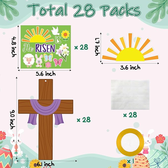 Haooryx 28 Pack Easter He is Risen Cross Craft Kit, Make Your Own Jesus Resurrection Cross Hanging Ornaments Thankful Craft for Church Sunday School Classroom Christian Easter Day Party Supply