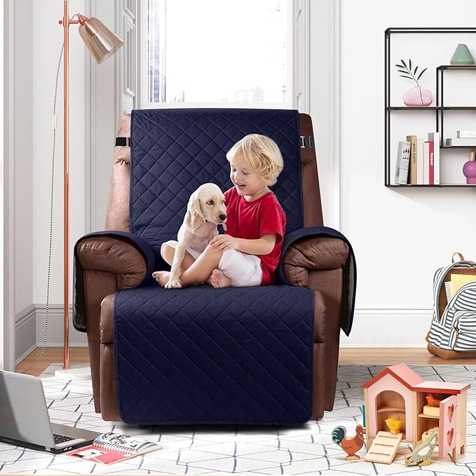 KinCam 100% Waterproof Recliner Chair Cover, Reclining Couch Covers for Pets, Dogs, Recliner Couch Slipcover Furniture Protector with Elastic Straps for Kids(23.6", Dark Blue)