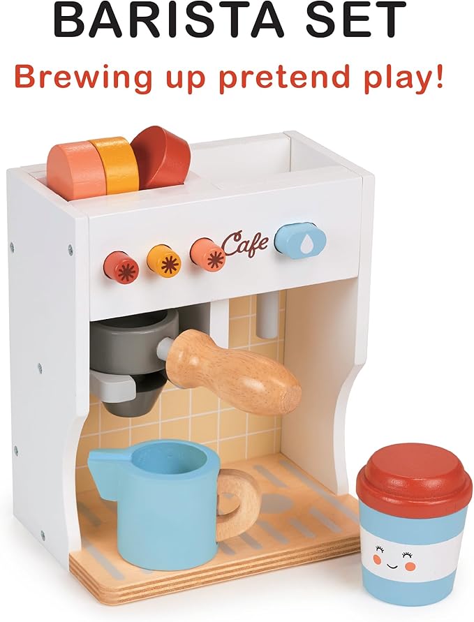 Mentari Toys - Barista Set - Wooden Coffee Machine Pretend Food Play Toy with Espresso Capsules and Cups - Made with Premium Materials and Craftsmanship - Age 3+