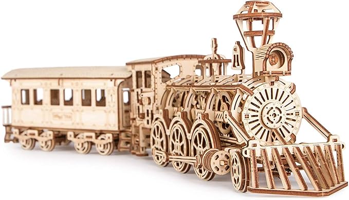 Wood Trick Wooden Toy Train Set with Railway - 34x7″ - Locomotive Train Toy Mechanical Model Kit - 3D Wooden Puzzles for Adults and Kids to Build - Engineering DIY Wooden Models for Adults to Build