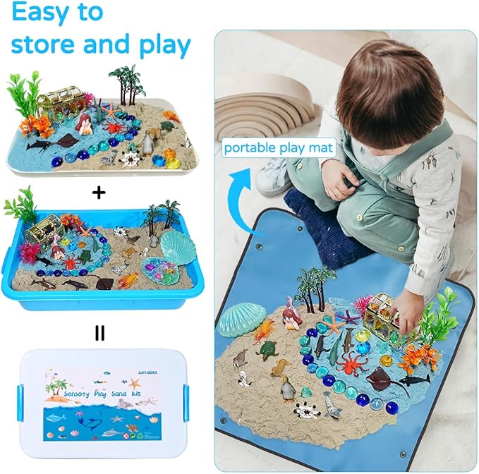 Ocean Mermaid Sensory Bin, Kids Underwater Play Sand Kit, Under The Sea Sensory Sandbox Toys with 2.2lbs Magic Sand, Sea Animals Figures, Sensory Sand Toys for Toddlers 1-3-5-7