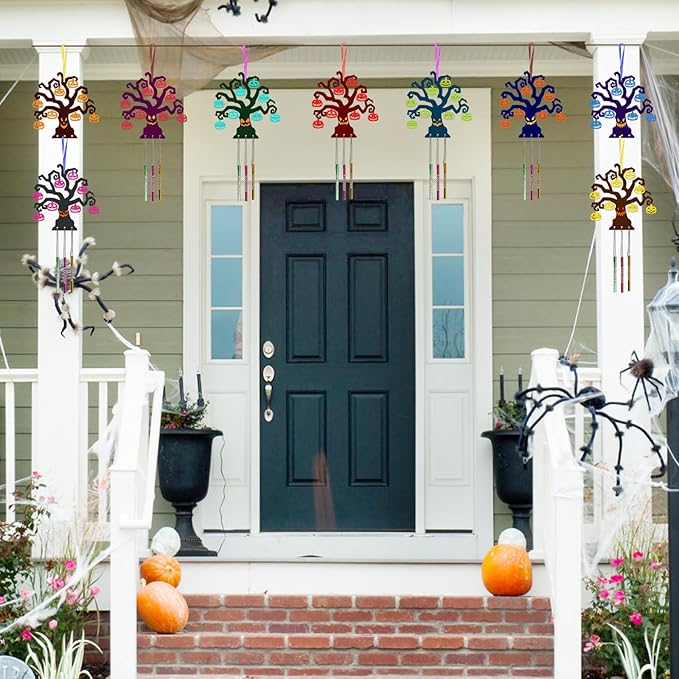Fennoral 9 Pack Halloween Tree Wind Chime Kit for Kids Make You Own Wind Chimes Wooden Arts and Crafts DIY for Girls Boys Coloring Halloween Hanging Ornaments Halloween Party Decorations