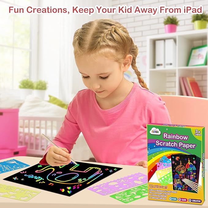 ZMLM Scratch Paper Art Set: 60Pcs Magic Drawing Art Craft Kid Easter Basket Stuffers Scratch Paper Supply Toddler Preschool Learning Toy for Age 3 4 5 6 7 8 Girl Boy Valentine's Day Birthday Gift