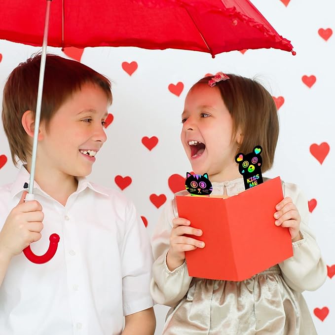 WATINC 28 Set Valentine's Day Animals Scratch Bookmarks with Cards for Kids, Valentine Scratch Off Card Art Craft Kit, Exchange Gift DIY Magic Color Paper for Classroom School Home Party Favor