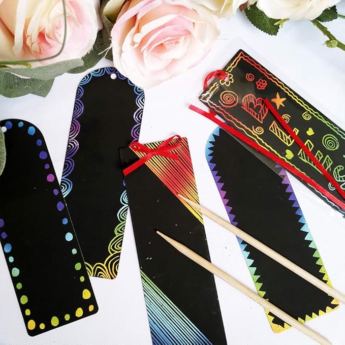 Supla 36 Set 2 Style Magic Scratch Rainbow Bookmarks Making Kit for Kids Students Party Favor Scratch Paper DIY Bookmarks Bulk with Scratching Tools Satin Ribbons for Classroom Activities